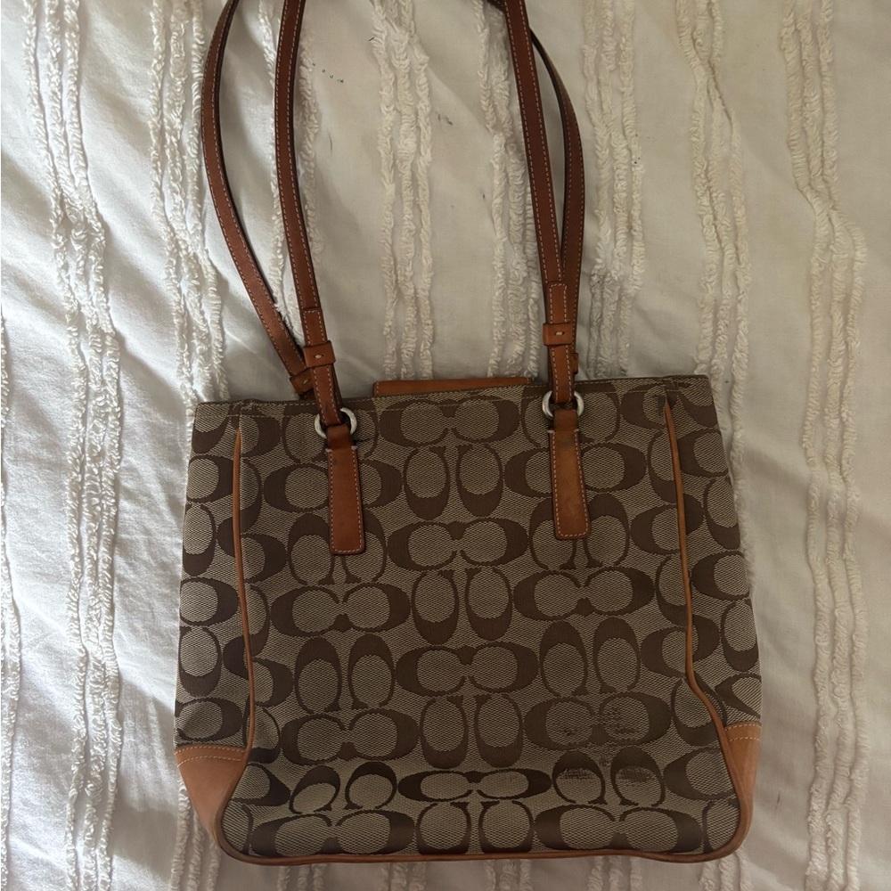 Coach Brown and Tan Signature Shoulder Bag